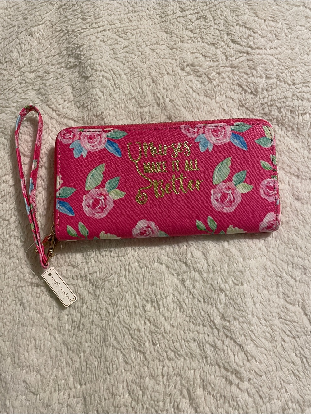 Discontinued Simply Southern Pink Floral Wallet Wristlet - Gold Script